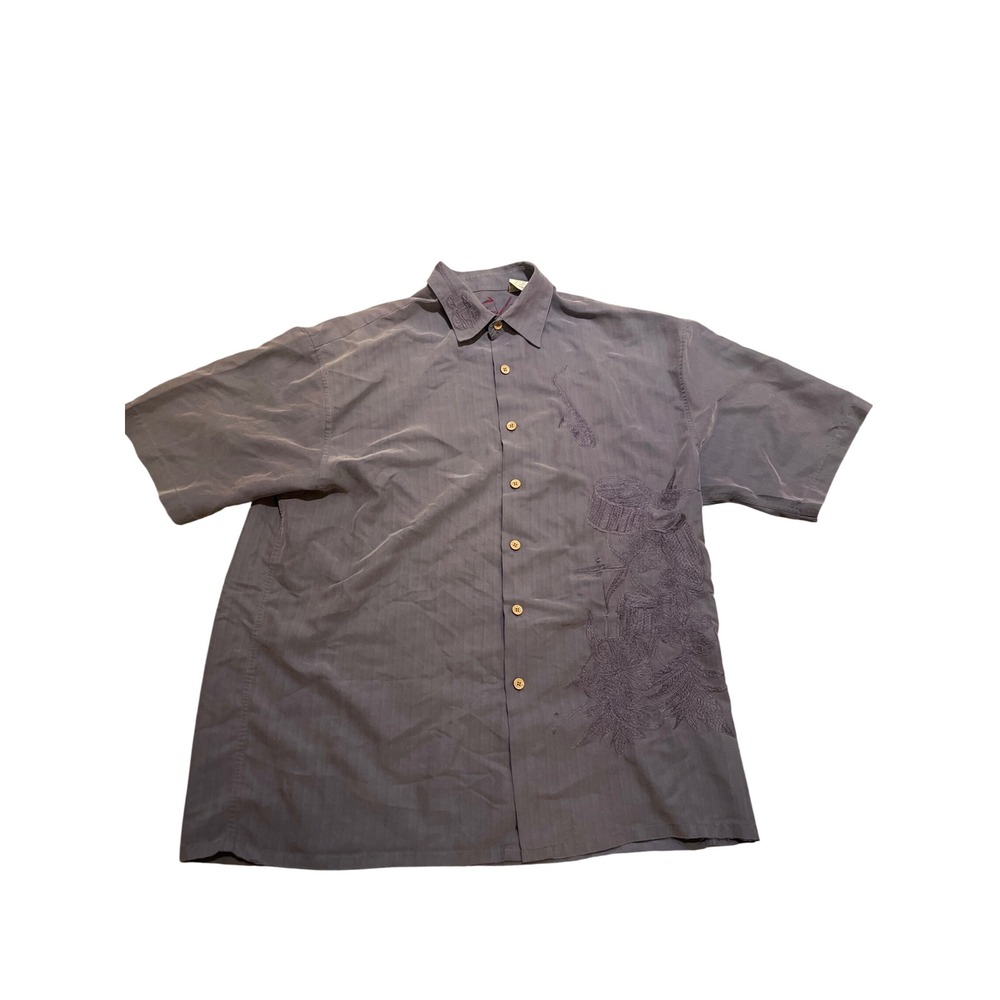 Bamboo Cay‎ Men's Short Sleeve Button Up Shirt Embroidered Musical Instruments L